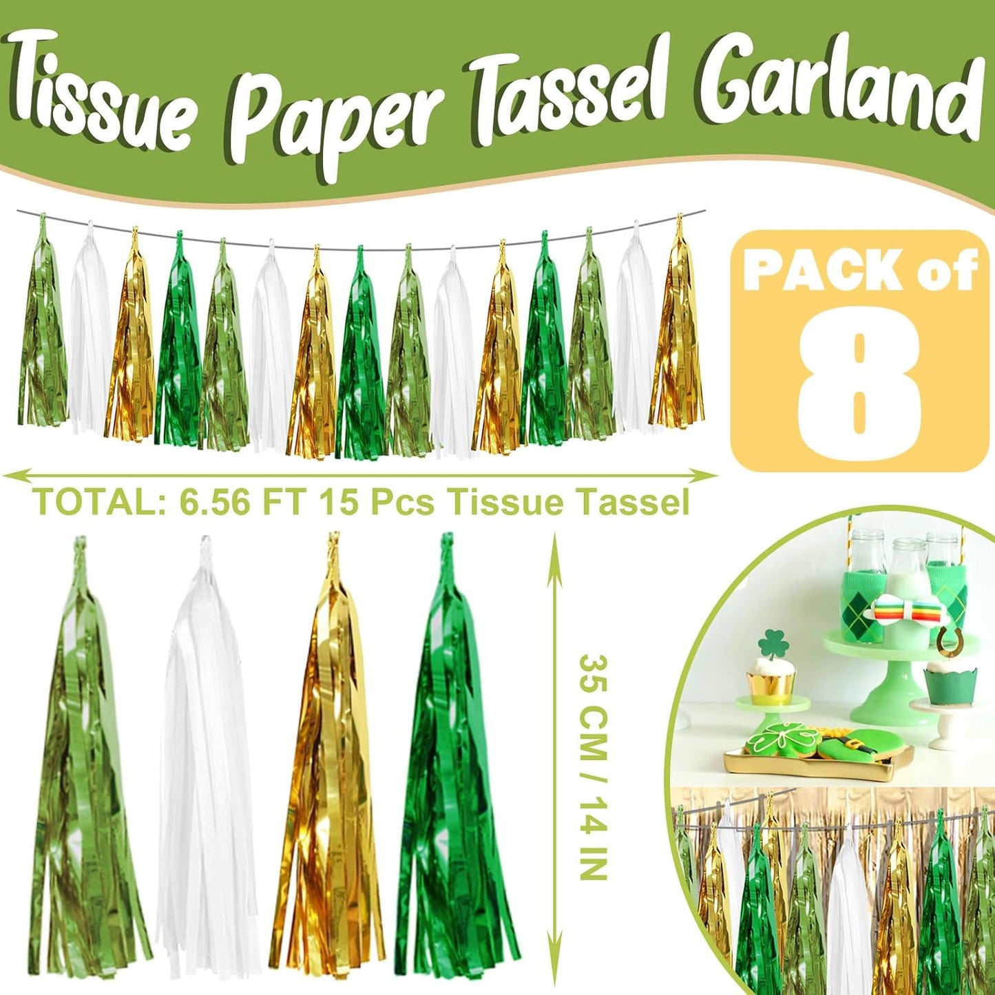 8P Sage-Green Beige-Mint Gold Foil Fringe Metallic Tassel Garland Banner, Tassels Banner Streamers for Parade Floats, Bachelorette, Wedding, Birthday, Christmas, Bridal/Baby Shower Party Decorations