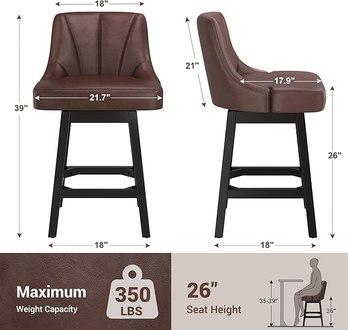 YaFiti Swivel Bar Stools Set of 2, 26 Inch Counter Height Bar Stools - Image 2