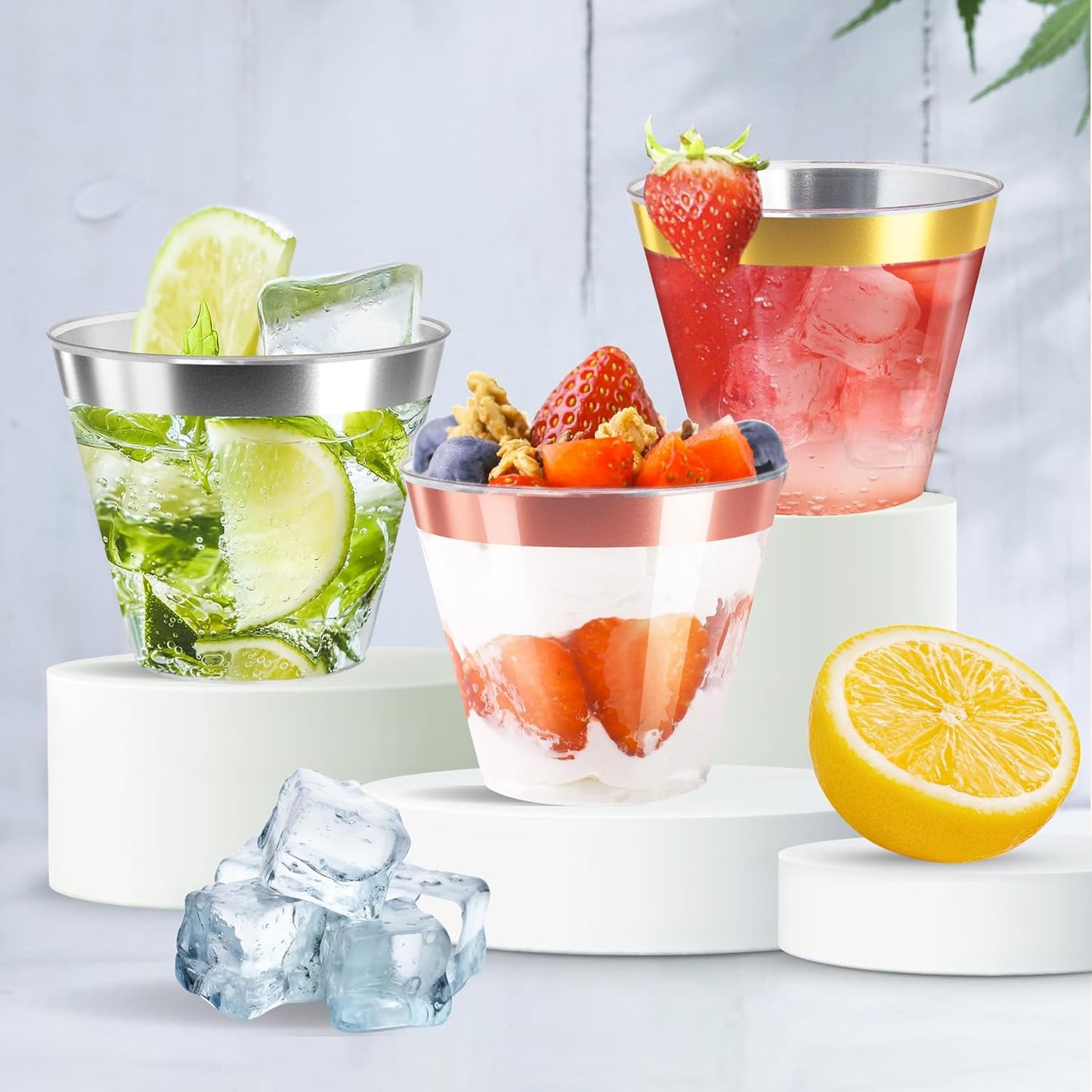 [200 Pack] 9oz Clear Plastic Cups with Silver Rimmed Sturdy & Food Safe Disposable Wine Glasses Party Wedding Disposable Drinking Cups Plastic Cocktail Glasses for Wine, Juice & Cold Beverages