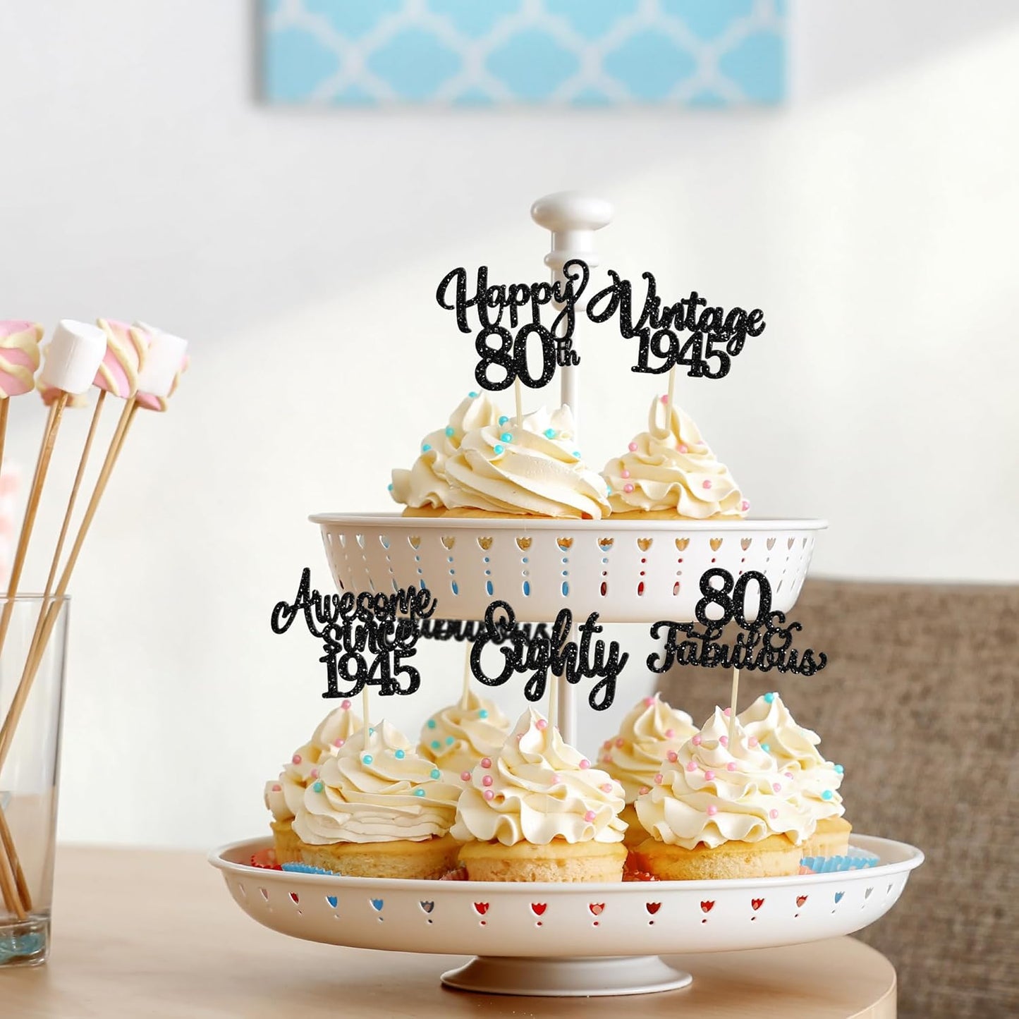 30Pcs Happy 80th Birthday Cupcake Toppers Glitter Awesome Since 1945 Eighty 80 Fabulous Vintage 1945 Cupcake Picks for 80th Birthday Anniversary Retirement Party Cake Decorations Supplies Black