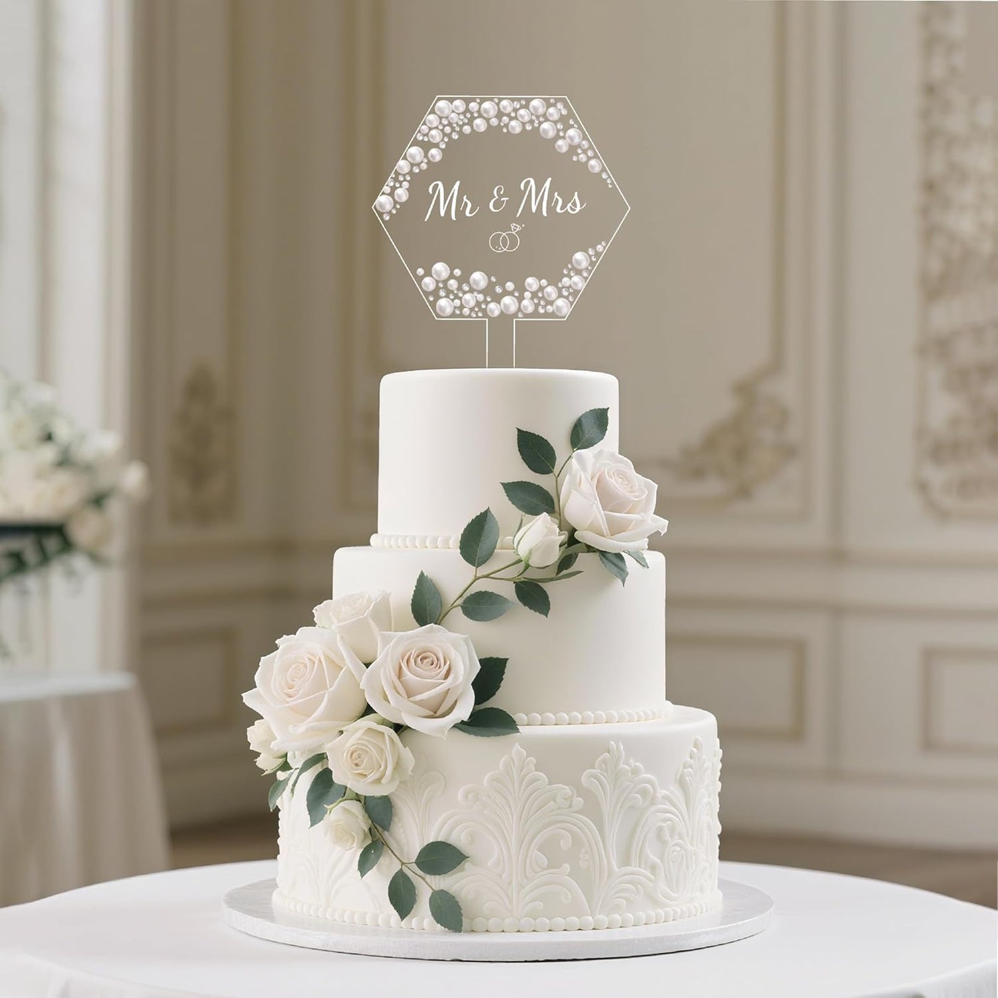 Coucoland Mr and Mrs Cake Topper - Hexagon Wedding Cake Decor with Rhinestones and Pearls for Engagement Bridal Anniversary