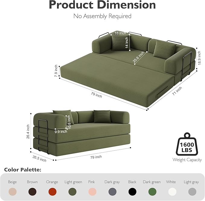 79in Convertible Sofa Bed, Corduroy Boneless Couch Bed, Futon Sleeper Sofa Pull - Image 2