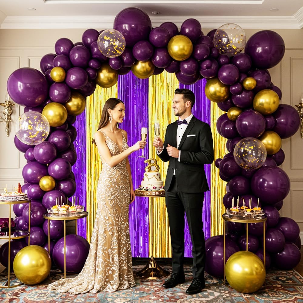 BEISHIDA 2Pcs Purple Gold Door Streamers Congrats Grade 2025 Decoration Backdrop Foil Fringe Tinsel Party Streamers Curtains for Birthday Graduation Mardi Gras Lakers Decoations (3.28 ft x 6.56 ft)