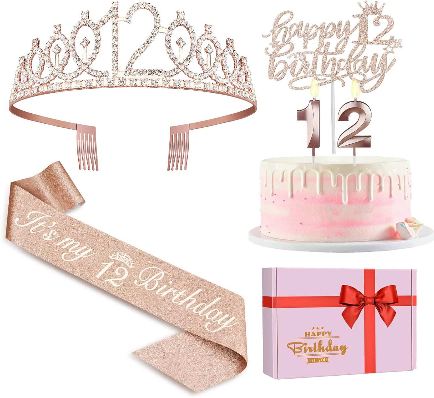 12th Birthday Decorations for Girls Including Sash, Crown/Tiara, Candles and Cake Topper, Rose Gold 12 Year Old Birthday Party Decorations for A Girl