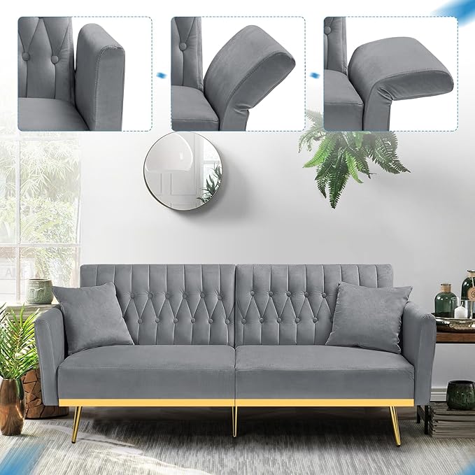 70” Velvet Futon Sofa Bed with 2 Pillows and Adjustable Armrests, Convertible - Image 6