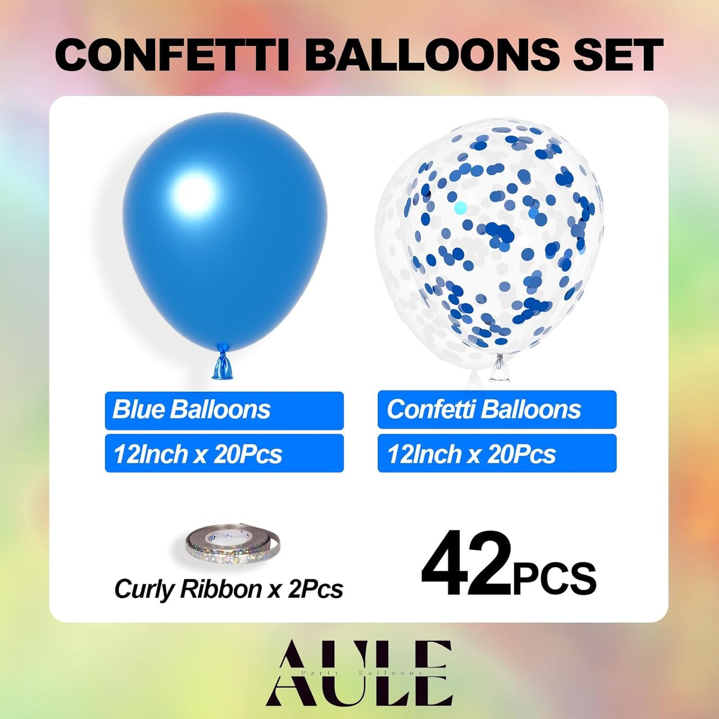 AULE Party Balloons Pack of 42 - Metallic Blue Balloons and Blue Confetti Balloons With 64ft Ribbons 12 Inch Chrome Latex Helium Balloon Decoration Set