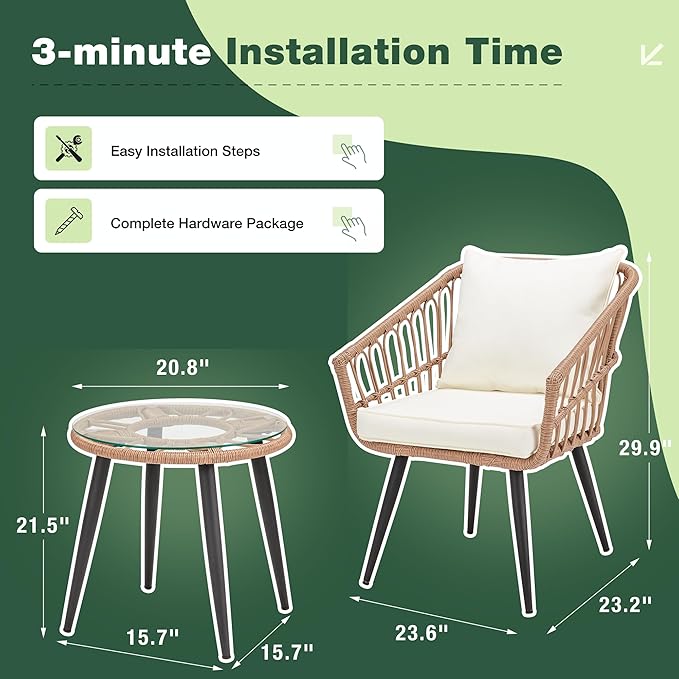 ECOTOUGE 3 Piece Wicker Patio Bistro Set, Outdoor Rattan Dining Set - Image 2