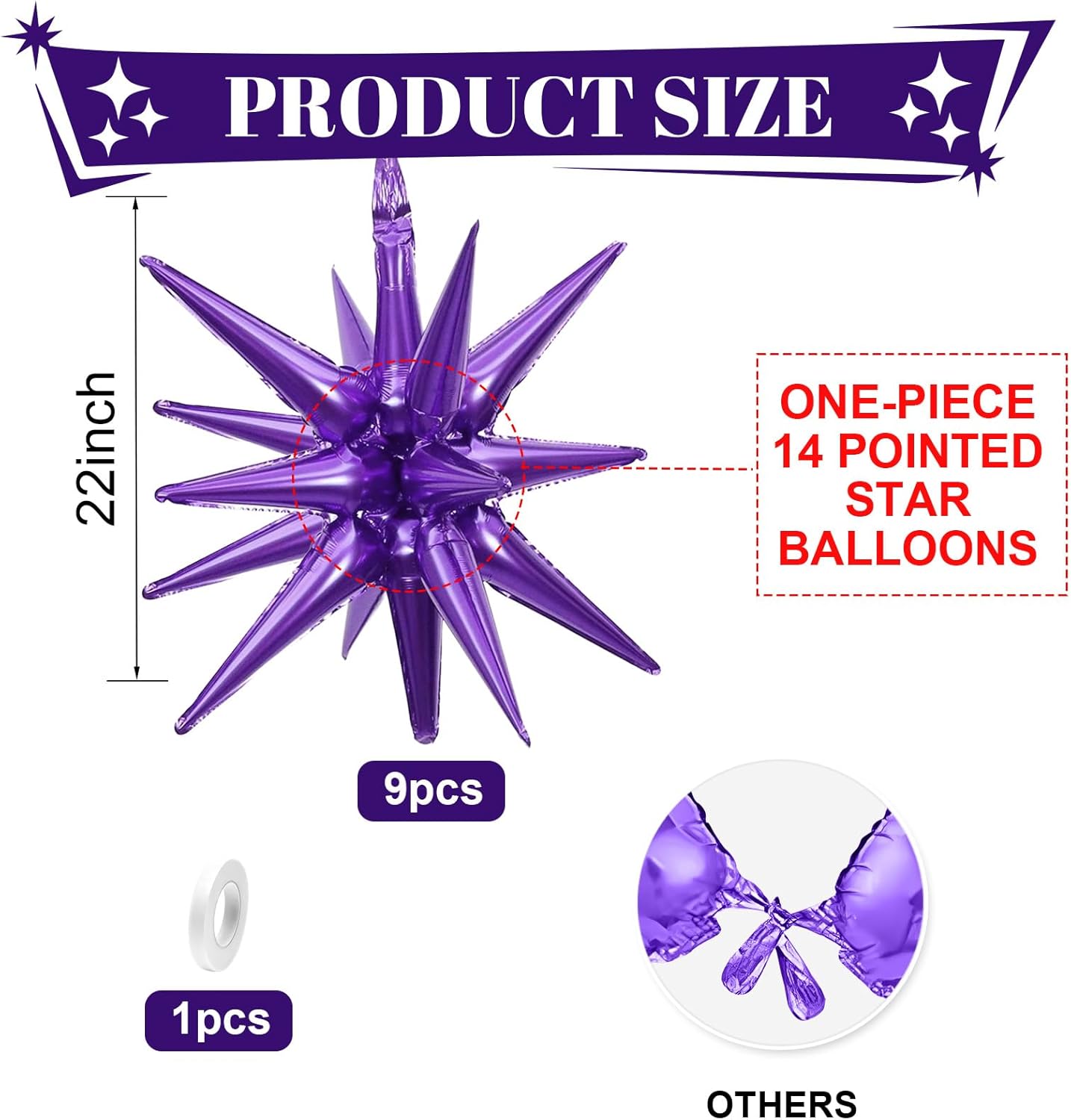 Purple Star Balloons,9Pcs 22Inch Dark Purple Explosion Spike Cone Helium Polyester Film Star Foil Balloons for Birthday Halloween Graduation Anniversary Baby Shower Party Decorations
