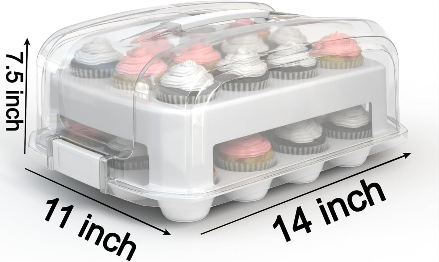 Cupcake Carrier, EXTRA LARGE LID, White Cupcake Holder Carries 24 Standard-Size Cupcakes, Muffin Traveler Two Tier Stand Reusable Cupcake Box