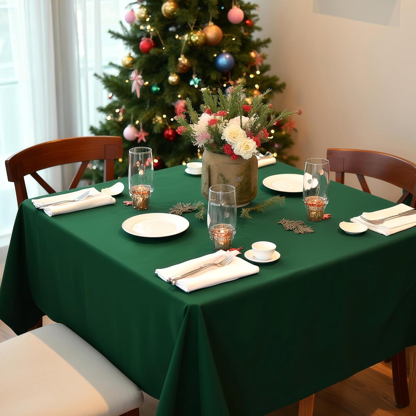 sancua Square Tablecloths 85x85 Inch Hunter Green - Fabric Table Cloth for Square or Round Tables, Washable Polyester Table Cover for Christmas Dinner, Holiday Party, Decorative Display Tables