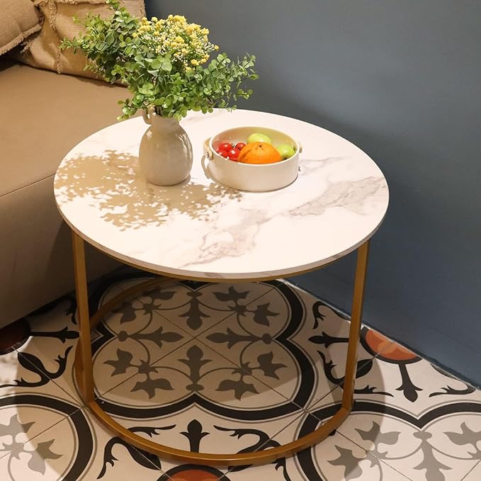 aboxoo Coffee Table Nesting White Set of 2 Side Set Golden Frame Circular Round - Image 8