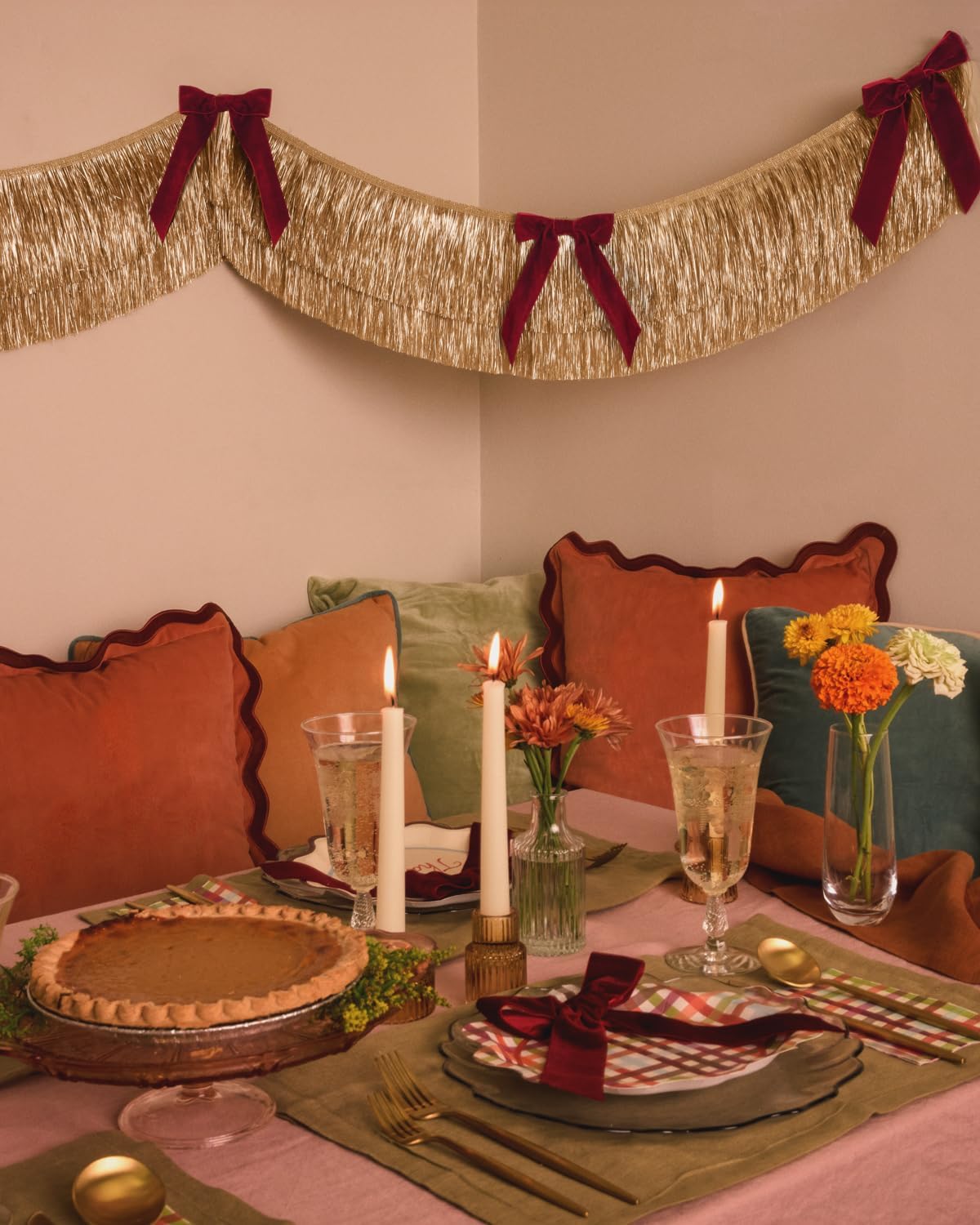 xo, Fetti Gold Fringe + Red Velvet Bow Banner 6 Ft. | Bachelorette Decoration, Christmas Party Sign, Bridal Shower Decor, Birthday Photoshoot Backdrop