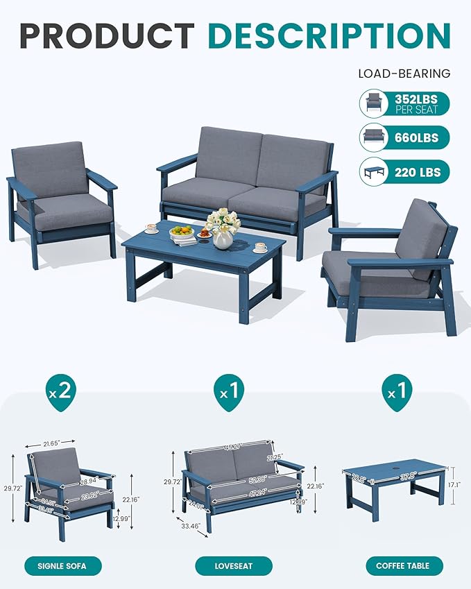 SERWALL 4 Piece HDPE Outdoor Furniture Set, All Weather Wood-Like Outdoor Sofa - Image 2