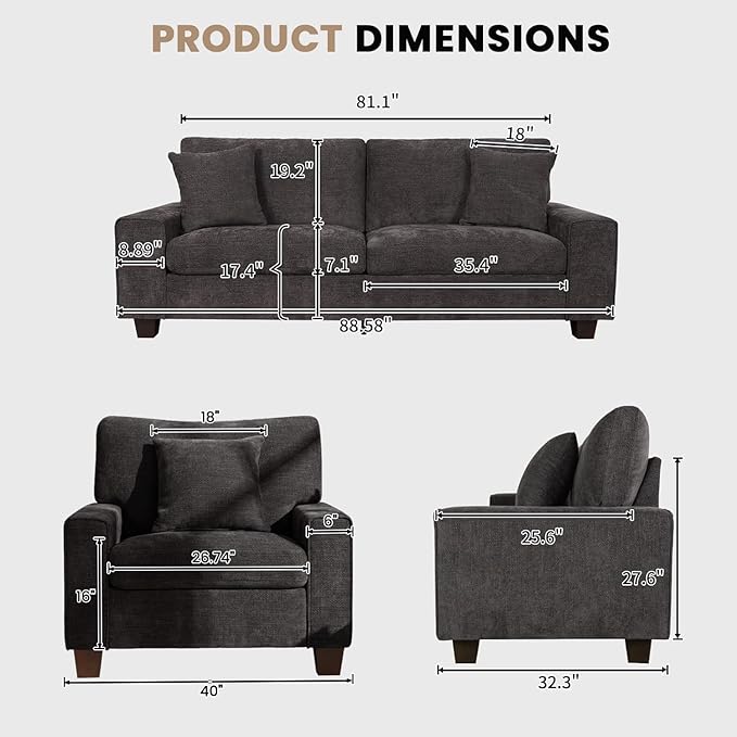 DOPEDIO Modern Living Room Sofa Set, 88.58" Chenille Loveseat - Image 2