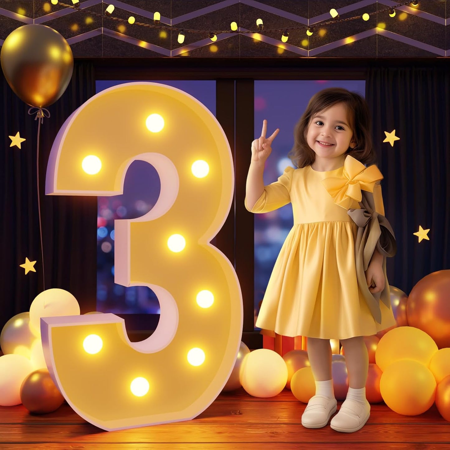 Marquee Numbers 3 Feet Tall Large Light Up Numbers 3th 13th 30th Three RexBirthday Decorations Girl Boy Big Yellow Light Outdoor Anniversary Decorations Balloon Arch Kit Party Backdrop 3