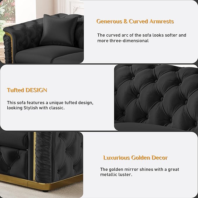 Luxury Chesterfield Sofa Set of 2, Velvet Tufted Couch Victorian Black and Gold - Image 4