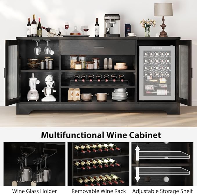 HSH Long Bar Cabinet with Fridge Space, Modern Wood Coffee Wine Liquor Cabinet - Image 7
