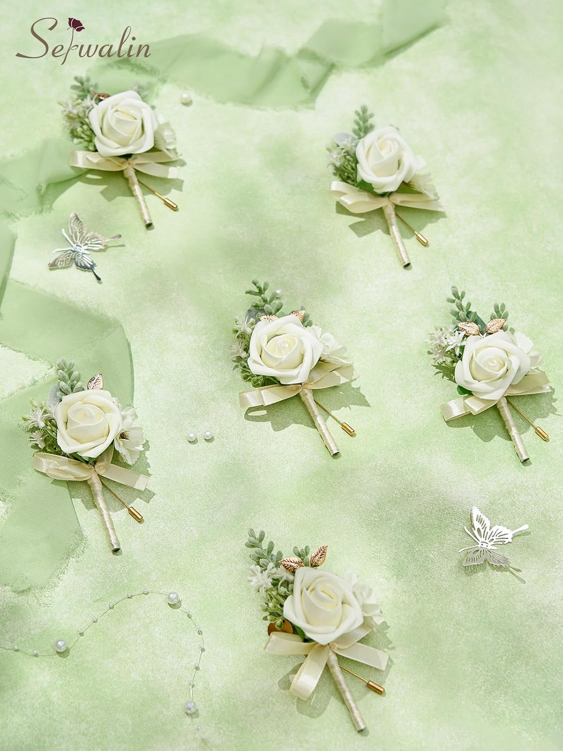 Serwalin 10Pcs Boutonniere for Men, White Groom and Best Man Boutonniere, Artificial Flowers for Wedding Decor/Prom/Homecoming/Ceremony Anniversary/Formal Dinner Party