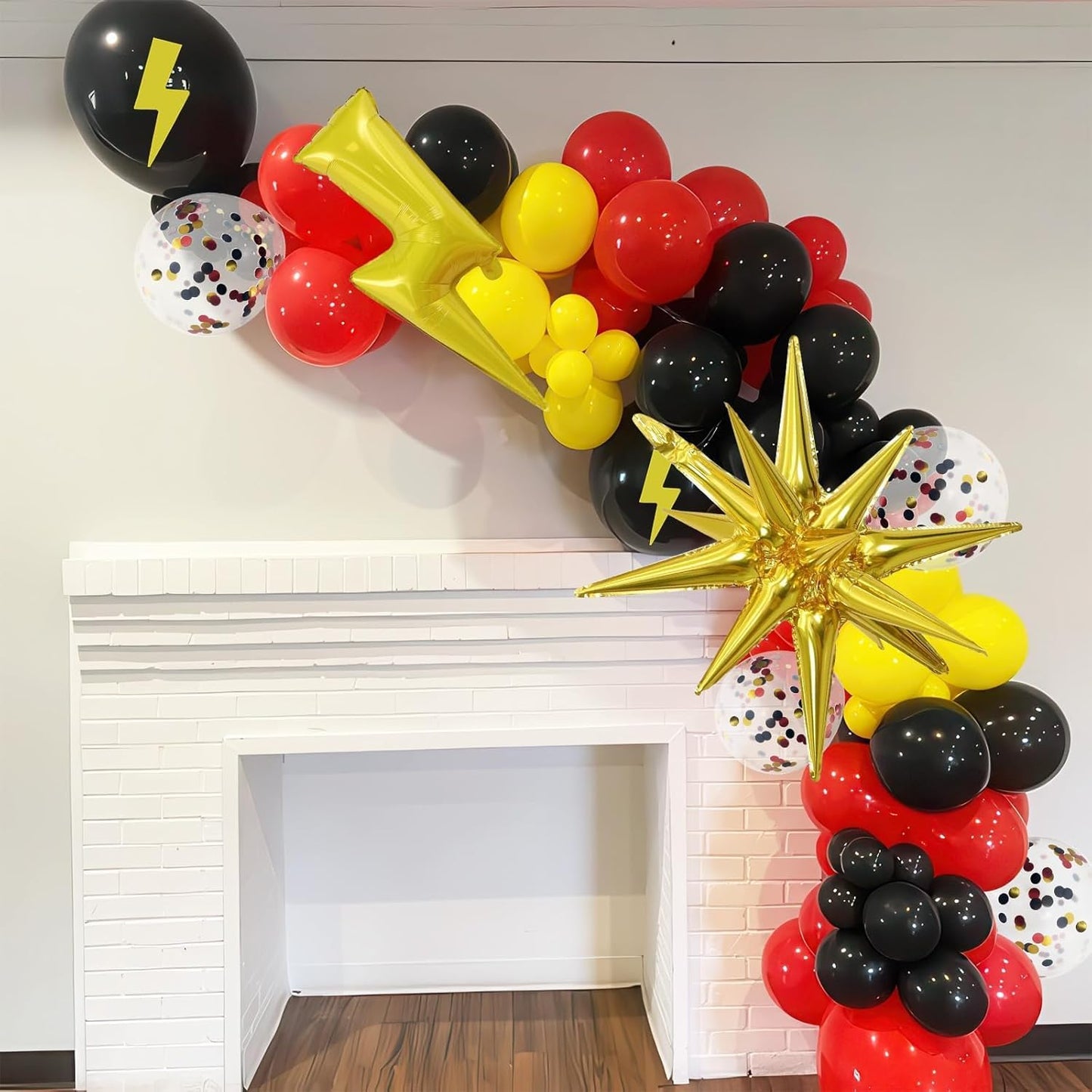Red Yellow Black Balloons, Cartoon Theme Balloons with 36 Inch Lightning and 22 Inch Star Foil Balloon, Red Black Yellow Confetti Lightning Printed Balloon for Kids Boys Birthday Anime Party Decor