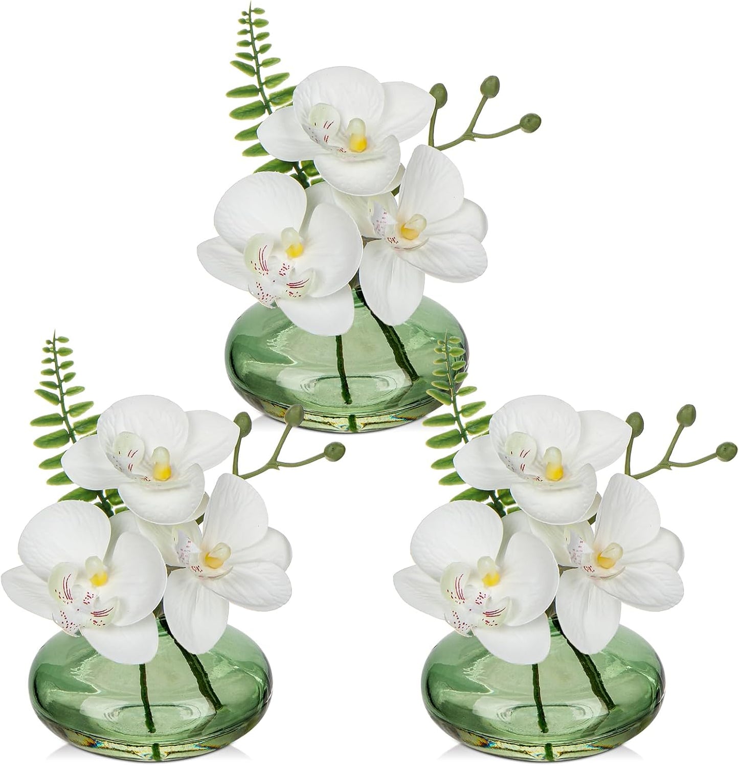 White Orchids Artificial Flowers Faux Orchids Arrangement in Light Green Glass Vases Set of 3 Real Touch Phalaenopsis Orchid Flowers Small Fake Orchid Centerpiece for Dining Room Table
