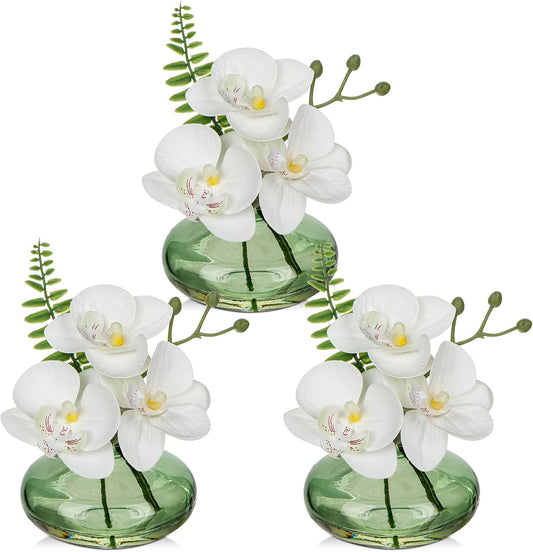 White Orchids Artificial Flowers Faux Orchids Arrangement in Light Green Glass Vases Set of 3 Real Touch Phalaenopsis Orchid Flowers Small Fake Orchid Centerpiece for Dining Room Table