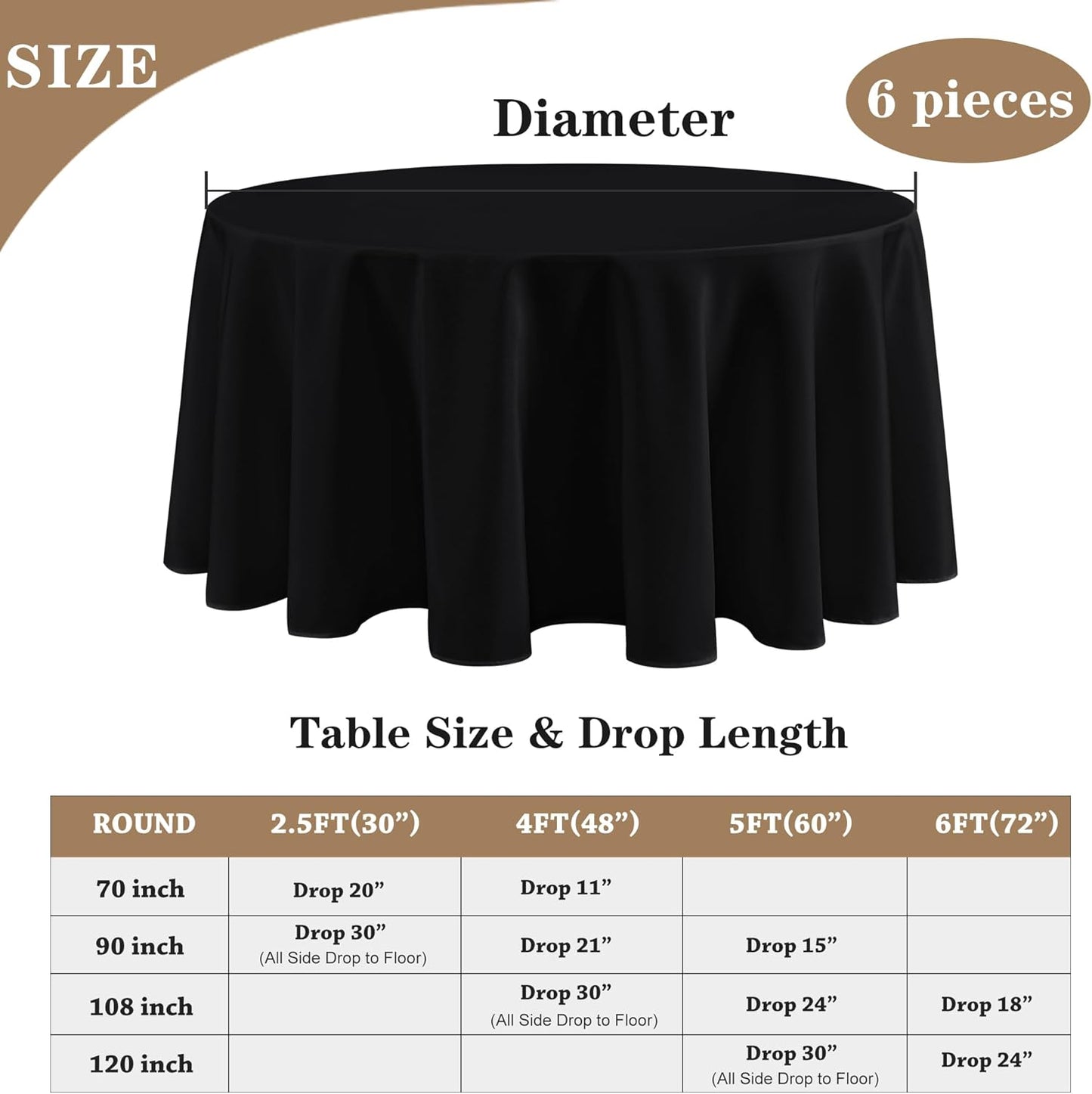 Fitable 6 Pack Black Tablecloths for Round Tables - 108 Inches in Diameter - Stain Resistant and Washable Table Clothes, Polyester Fabric Table Covers for Wedding, Party, Banquet, Formal Events