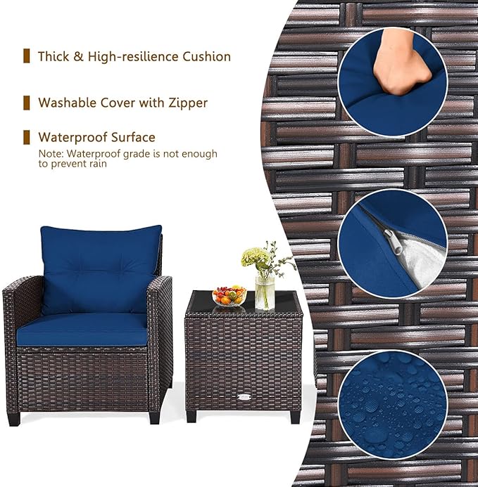 HAPPYGRILL 3 Pieces Patio Conversation Set, Outdoor Furniture Set PE Rattan - Image 4