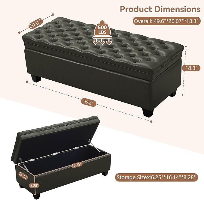 WUTUTUEE 50" Faux Leather Storage Ottoman Bench, End of Bed Upholstered - Image 2