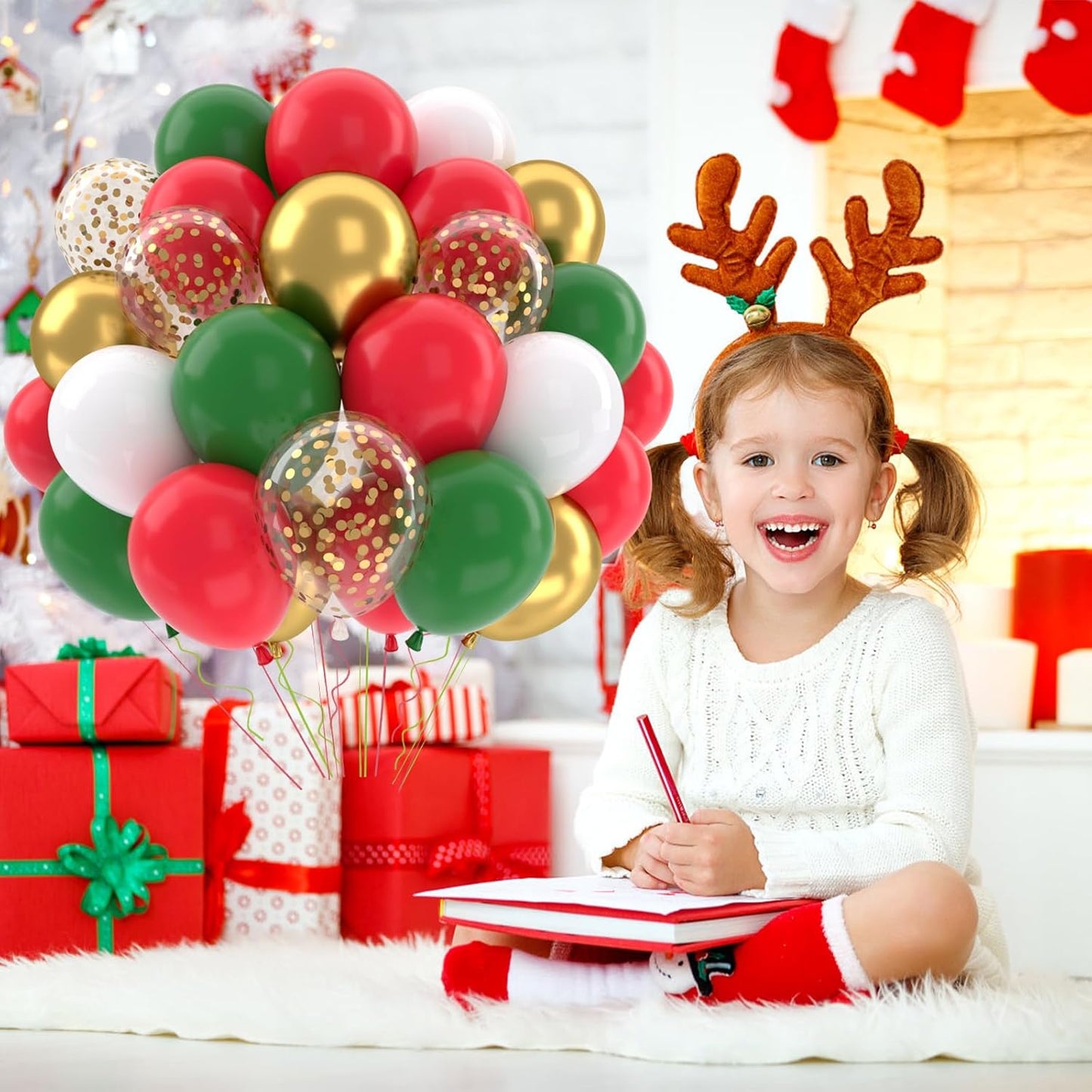 Patimate Red and Green Christmas Balloons Set, 50 pcs 12 inch Metallic Gold Green Red White Confetti Latex Balloons Kit for Christmas Grinch Birthday Party Decorations