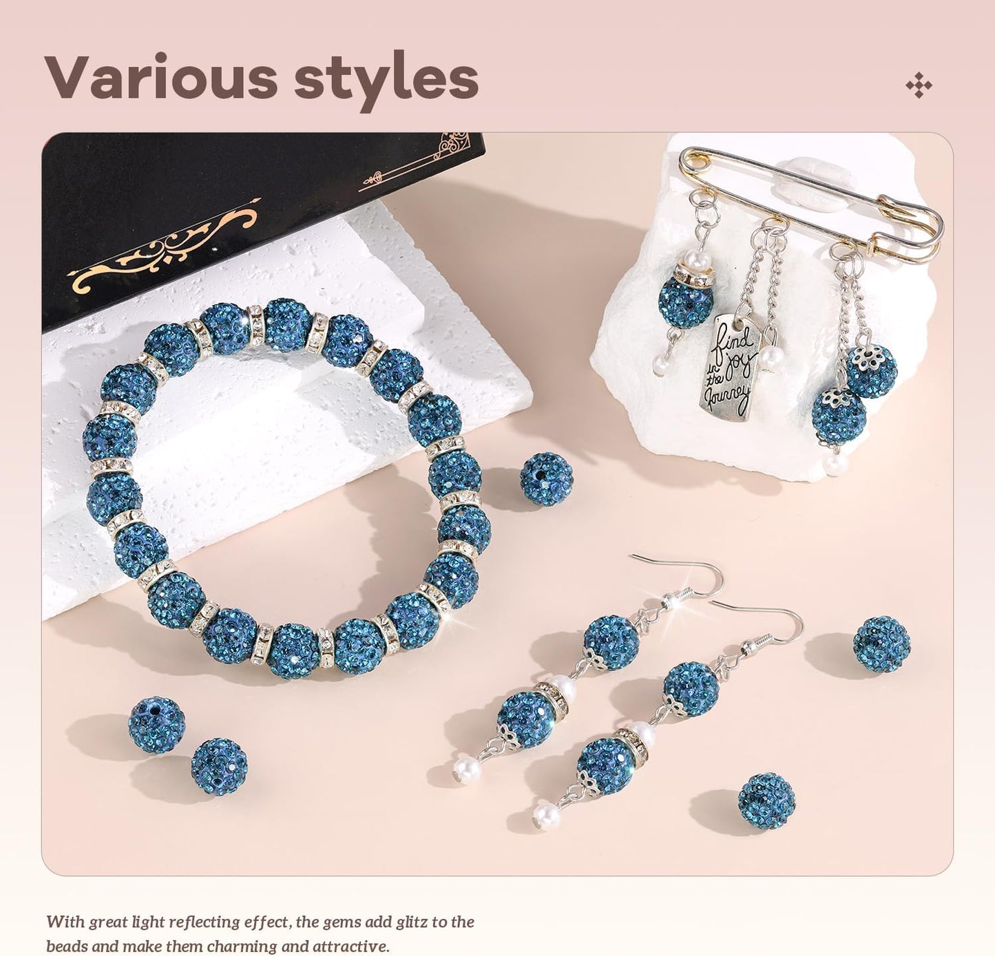 105pcs 10mm Rhinestone Beads for Jewelry Making, Blue Zircon Shiny Round Disco Ball Beads Bulk, Sparkle Crystal Clay Christmas for Bracelet Baseball Necklace Earring Crafting and DIY