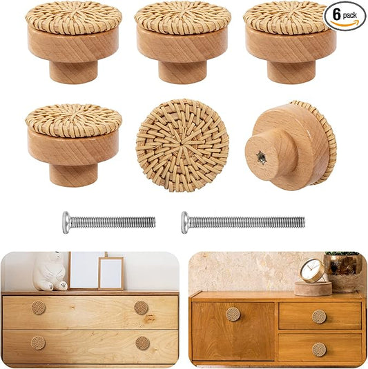 ANPHSIN Boho Rattan Cabinet Dresser Knobs- Durable Beech Wood Drawer Knobs by ANPHSIN