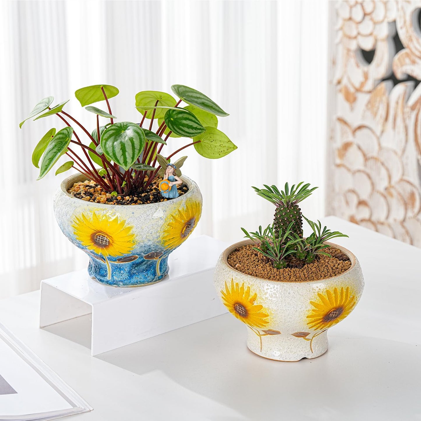 Sungmor Small Succulent Planters Set of 2, Beautiful Hand Crafted Ceramic Plant Pots Cute Cactus Pot, 6.5 Inch Flower Pots for Indoor Plants with Drainage, Desktop Windowsill Home Office Decor Pots