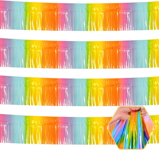 4 Pack 10 Feet Rainbow Foil Fringe Garland Metallic Tinsel Streamers Banner Wall Hanging Curtain Backdrop for Parade Floats, Wedding, Graduate, Mother's Day, Birthday Party Decoration