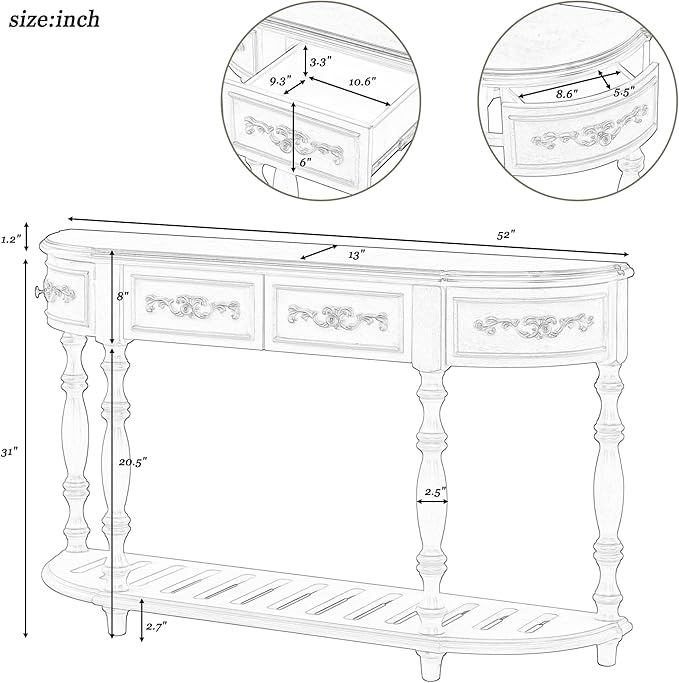 Retro Wood Curved Entryway Console Table 52-Inch Half Moon Hall Sofa Table - Image 2