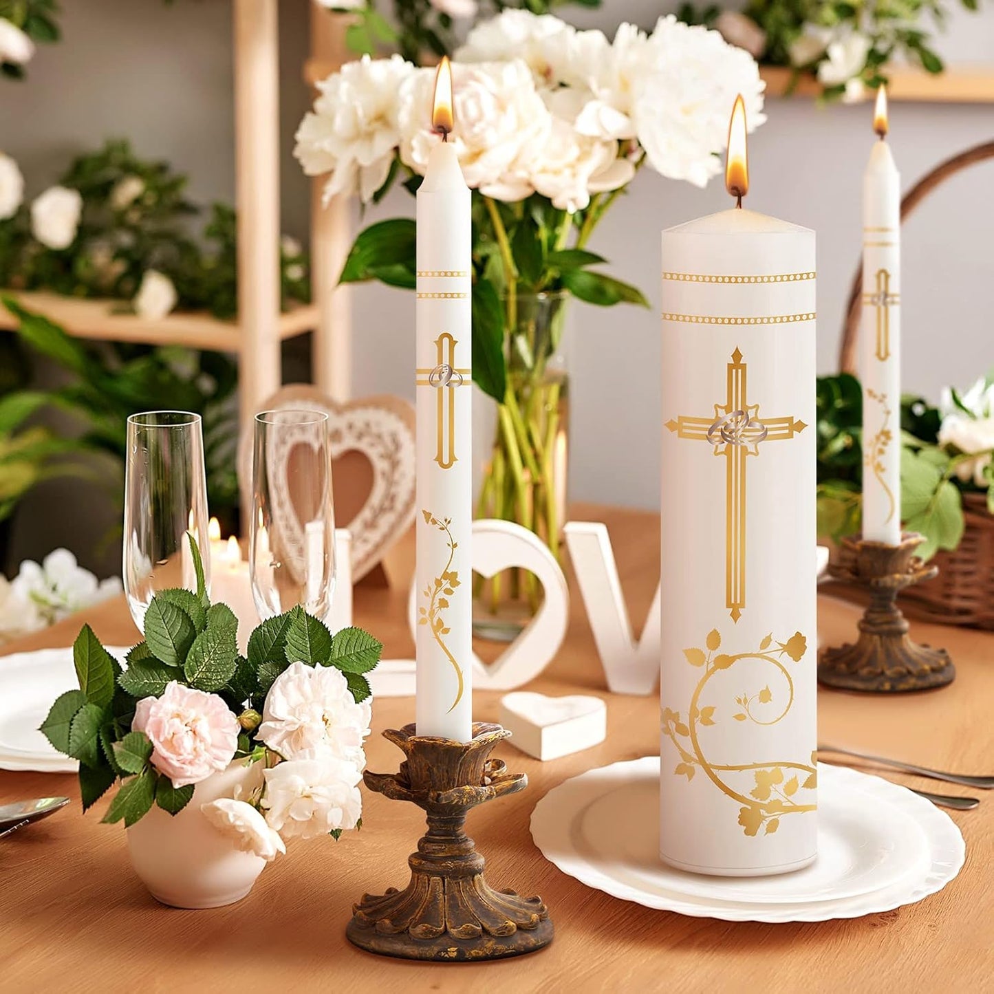 Frienda Unity Candles for Wedding Ceremony Set Wedding Unity Taper Candles Catholic Religious Ceremony Accessories(Retro Style)
