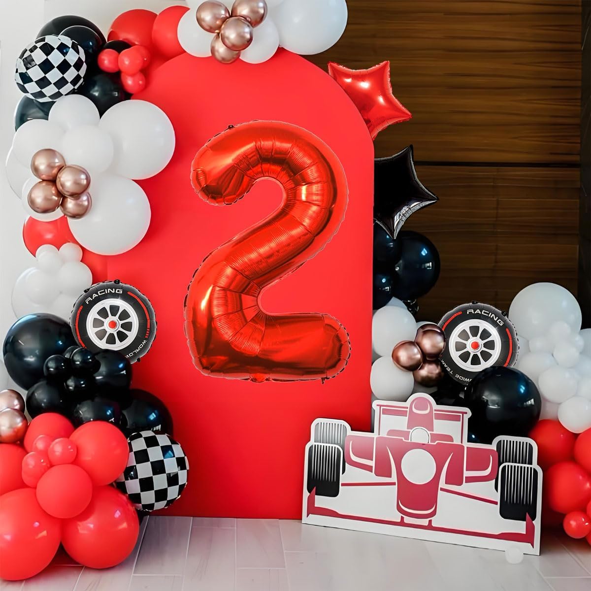 Race Car Birthday Decorations - 40 Inch Mylar Red Number 2 Balloons - Black Foil Checkered Race Car Balloons for 2st Birthday Race Cars Themed Party Decorations Supplies