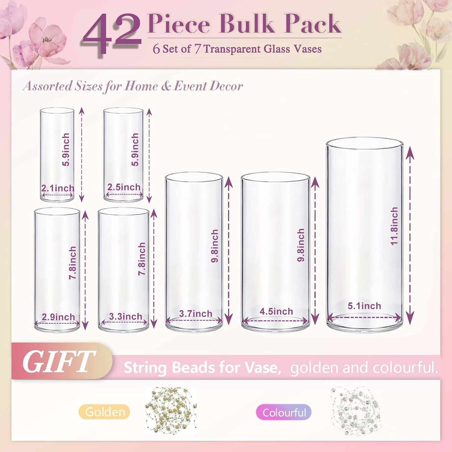 42pcs Glass Vase Cylinder Vases for Centerpieces Small Flower Glass Clear Vases Home Decor Centerpiece Table Flower Vase Decorations for Wedding Decoration＆Holiday 7 Vases of Different Sizes