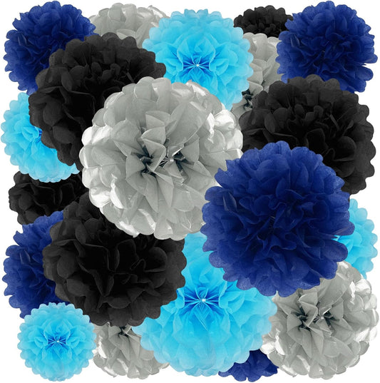 Tissue Paper Pom Poms, Black Silver Blue Tissue Paper Flowers, Hanging Flower Balls for Weddings Fiesta Parties Birthday Baby Showers Classroom Bridal Shower Decoration (20Piece Set-6/10/12/14Inch)