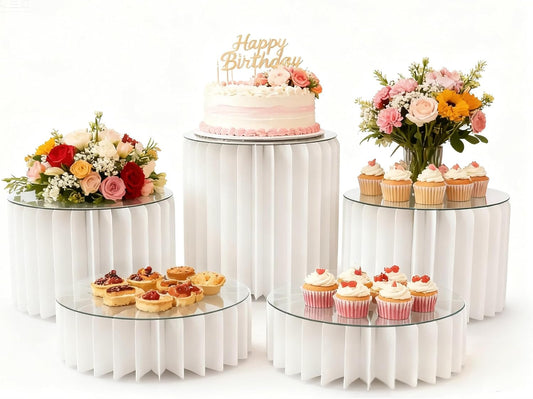 5 Pcs Buffet Risers Food Display Risers for Party Buffet Table, Dessert Table Display Set Cake and Cupcake Stand Combo, Riser Display Stand for Dessert Food Jewelry, White, 4"/8"/12" H