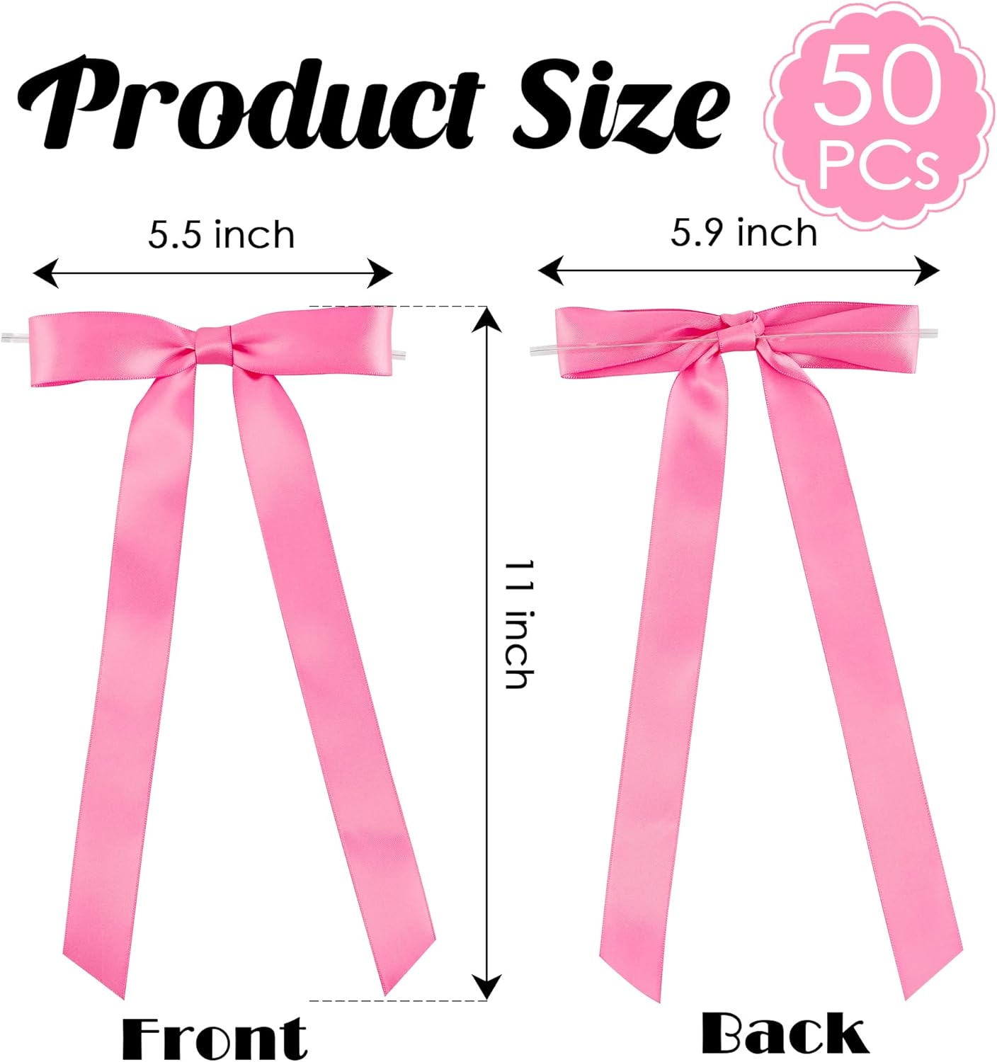50 PCs Hot Pink Bow Decor 5.5'' Satin Bows with Long Tail, Twist Tie Bows for Craft, Packaging Ribbon Bows, Premade Bows for Cake Decorating, Gift Bows for Treat, Wedding Favor, Party