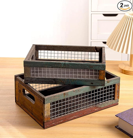 TIMRIS Set of 2 Rustic Wooden Countertop Baskets, Farmhouse Distressed Nesting by TIMRIS