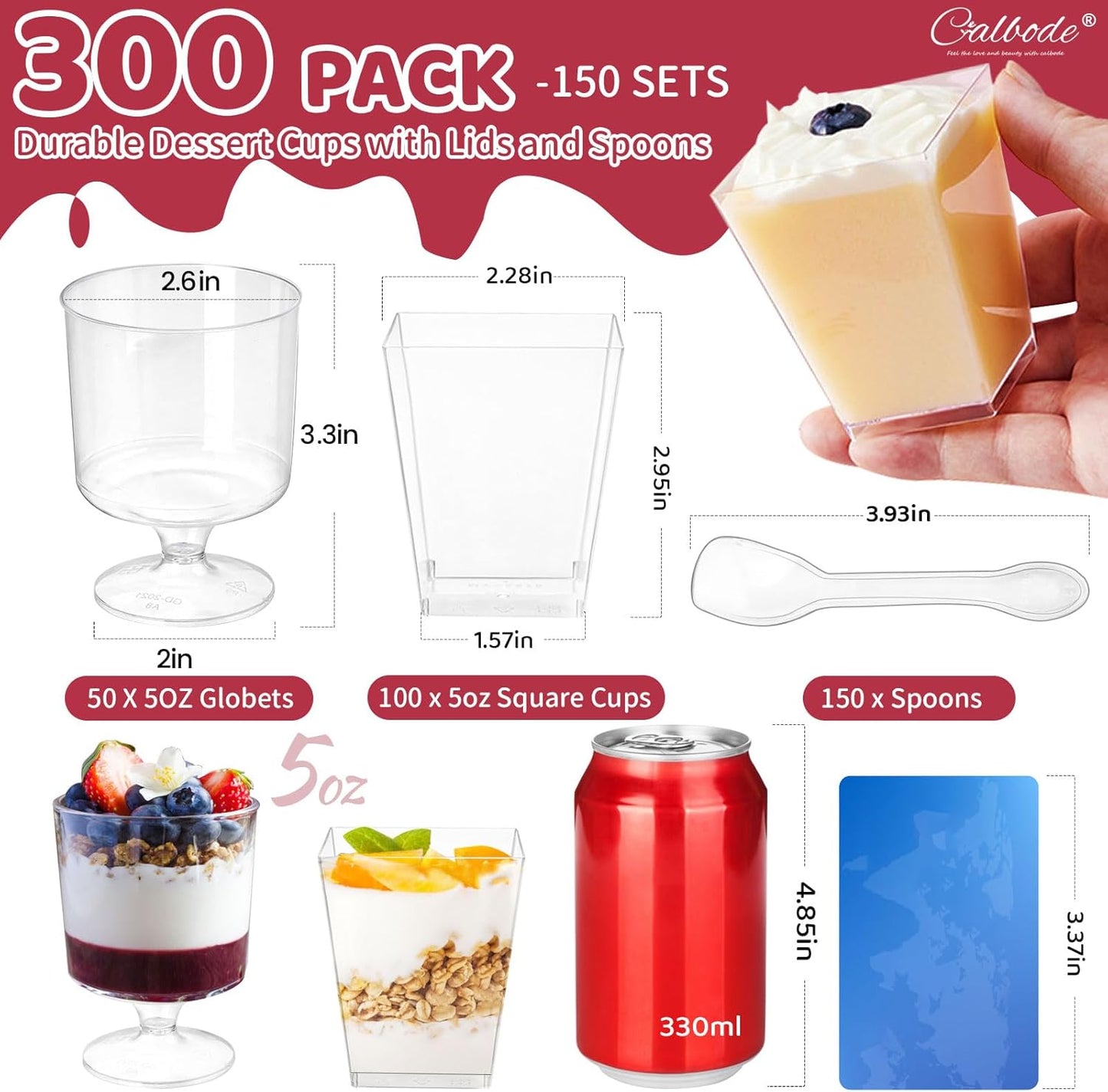 300 Packs Dessert Cups with Spoons, 5 OZ Mini Clear Plastic Disposable Parfait Cups, Small Serving Bowl for fruit ice cream pudding, Square Dessert Shot Glasses Round Goblets for Fall party