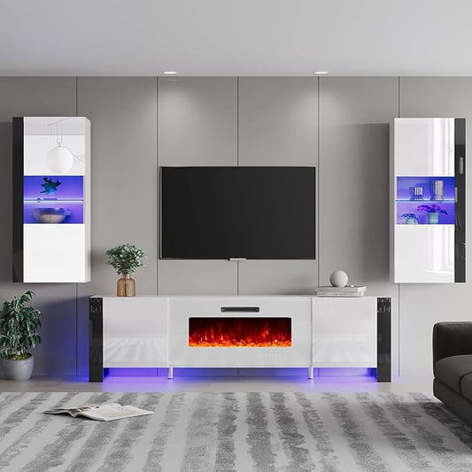 AMERLIFE 3-Piece Modern Wall Unit Entertainment Center Set, High Gloss 80" by AMERLIFE