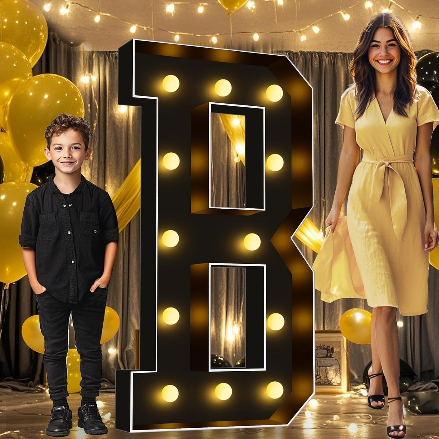 Pooqla 4 FT Marquee Light Up Letters, Black Giant LED Sign Marquee Letter Lights 4 Feet Tall, Big Mosaic Letters for Balloons Birthday Party Anniversary Wedding Decorations, Warm White B