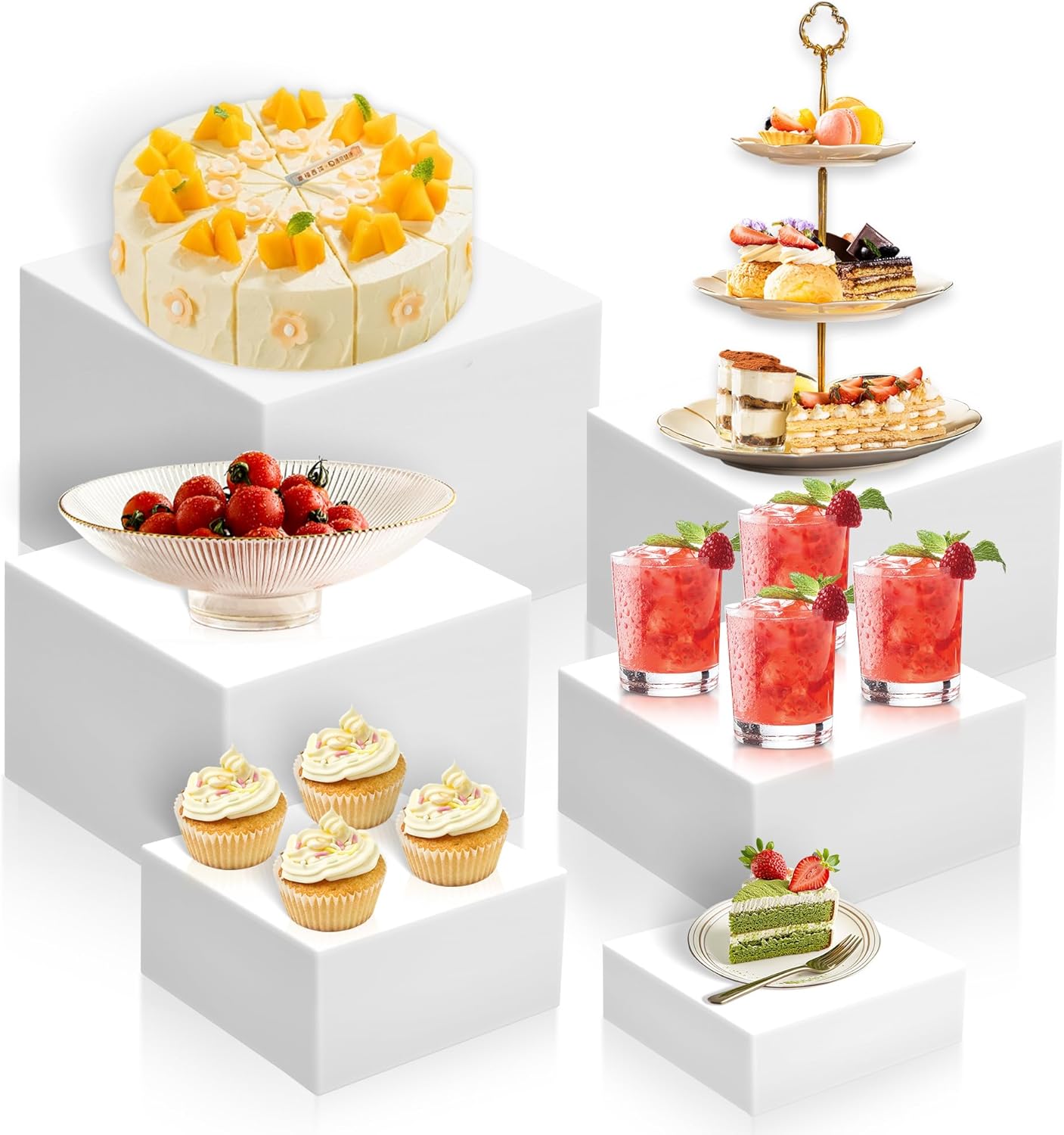 6Pcs Buffet Risers,Food Risers for Buffet Table Display Stand Shelf for Party Catering Dessert Jewelry Collectibles Acrylic Cube Boxes Display Nesting Risers (white-S(5,6,6.8,7,7.5,8)