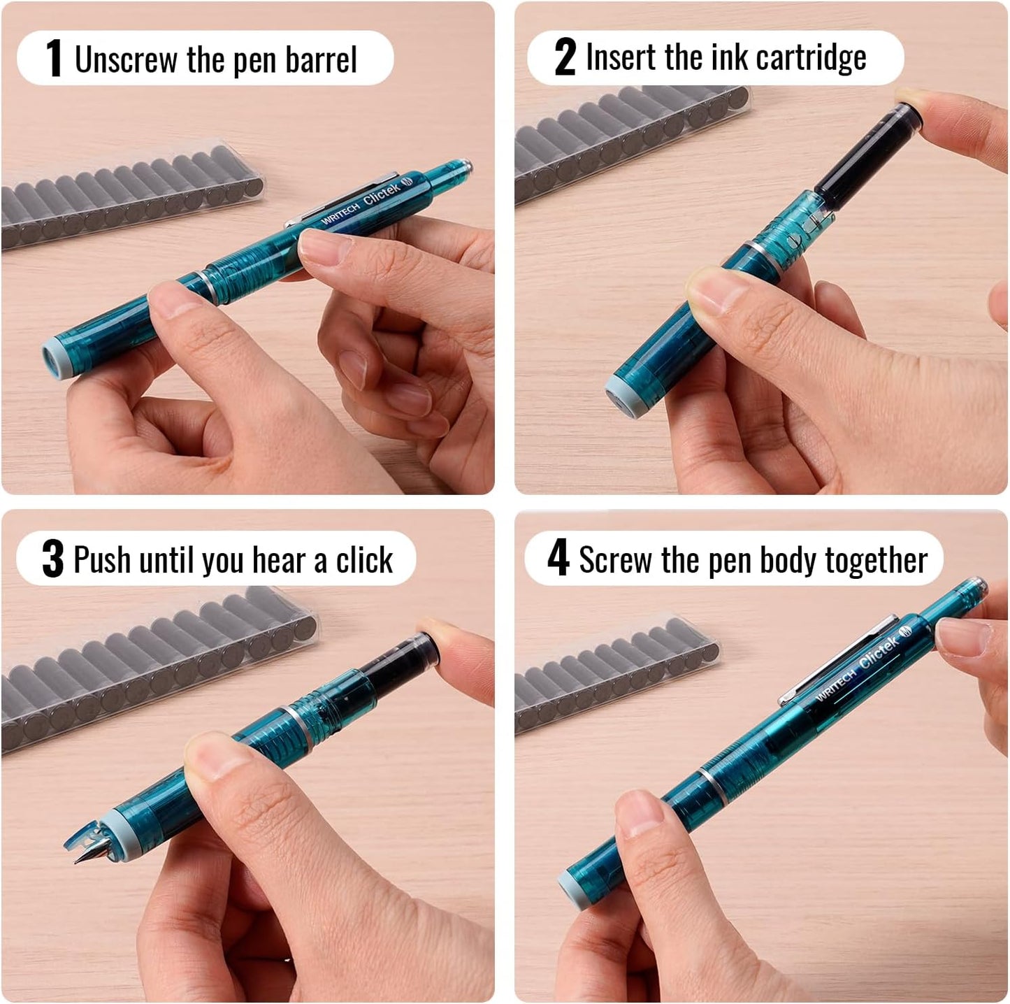 WRITECH Blue Ink Cartridge Set: 16 Ink Cartridges Clictek Fountain Pens