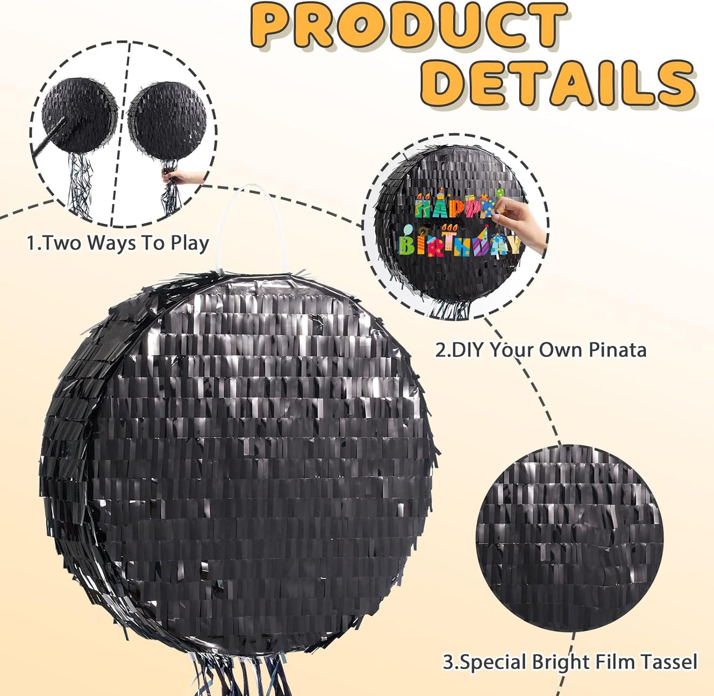WERNNSAI Black Round Pinata for DIY - Halloween Black Moon Pinata for Kids DIY Birthday Party Disco Decoration for Adult Night Party Supplies with Confetti Bat Blindfold, 12.2”x 12.2”