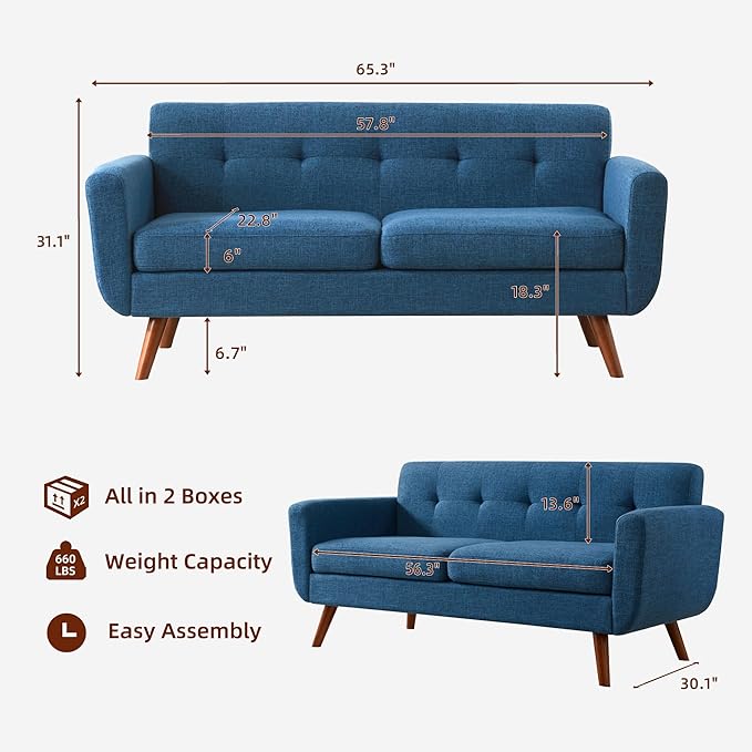 Tbfit 65" W Loveseat Sofa with Ottoman Coffee Table, Mid Century Modern Love - Image 2