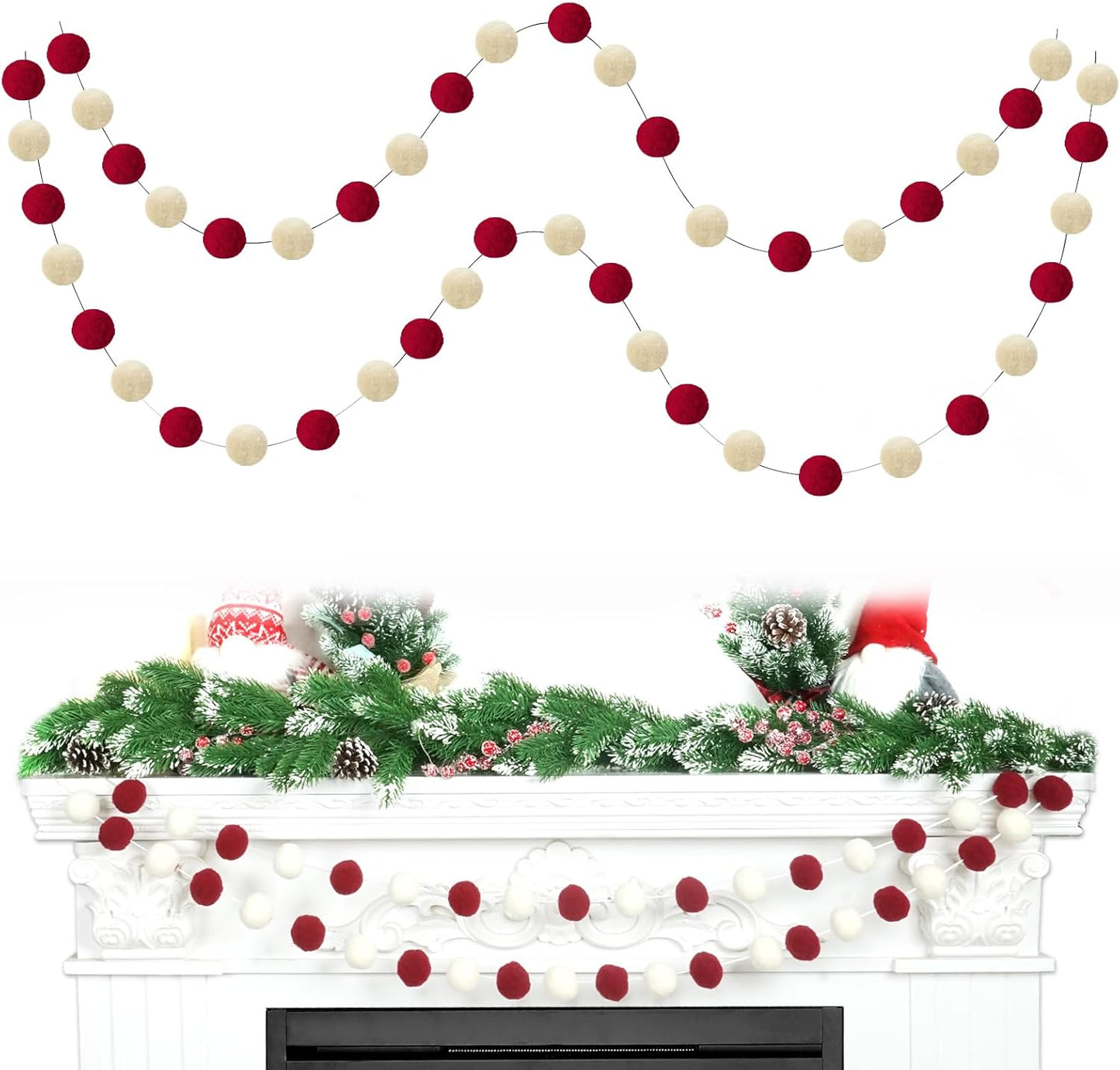 TBD Decor 2pk Red Pom Pom Garland 13FT Large Felt Ball Garland Christmas Decoration for Mantle,Indoor Holiday Wedding Birthday Party Supplies (Red&White,4cm)
