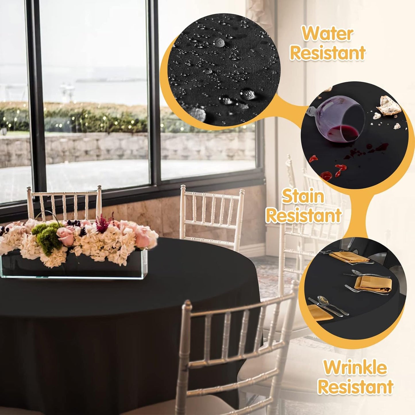 BRILLMAX 4 Pack Black Round Tablecloths 132 Inch - Circle Bulk Linen Polyester Fabric Washable Table Cloth Cover for Wedding Reception Banquet Birthday Party Buffet Restaurant